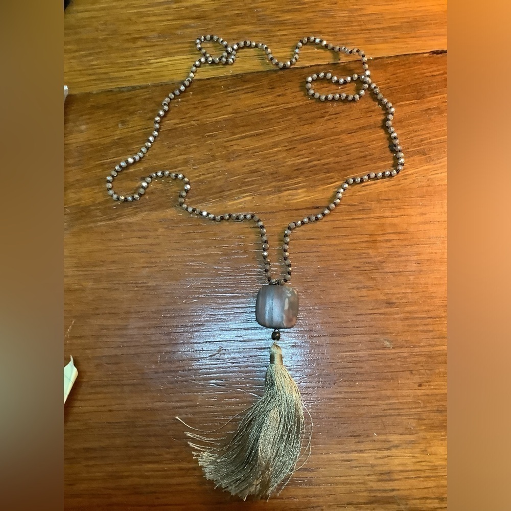 Rhinestone, cross cut agate Agate, & Tassel Necklace‎ 36”